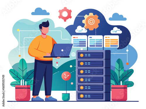 Man with laptop managing server racks and gears technology