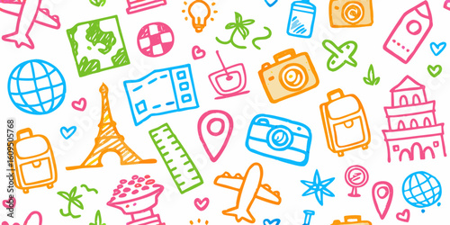 A collection of Travel & Landmarks Theme hand-drawn colorful doodles. Vector whimsical elements for print.