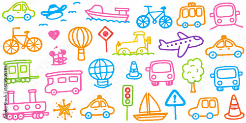 A collection of transportation theme hand-drawn colorful doodles. Vector whimsical elements for print.