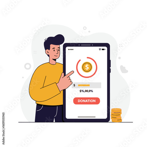 Man Interacting with a Mobile Phone for Digital Contributions