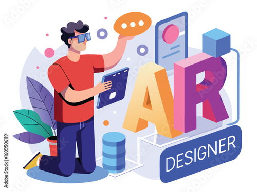 Person testing augmented reality app with 3d letters designer