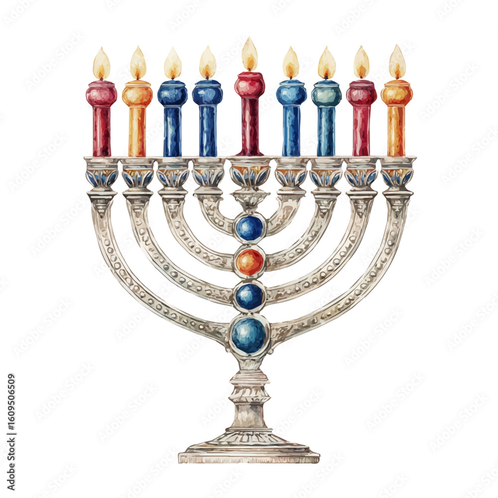 Fototapeta premium A watercolor painting of Menorah, vector illustration on white background.