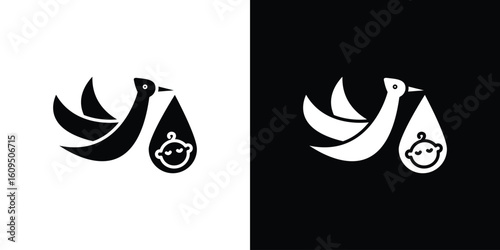 Stork with baby icon. black and white line icons pack.