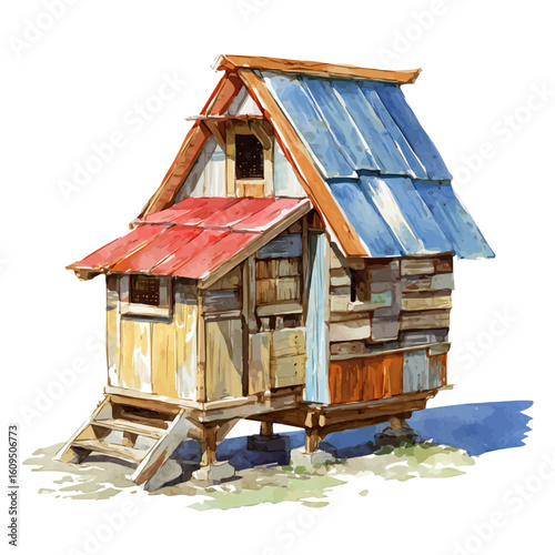 A watercolor painting of Chicken Coop, vector illustration on white background.