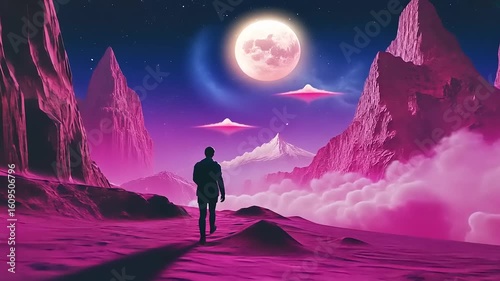Surreal landscape with a figure gazing at a giant moon and vibrant mountains under a starry sky