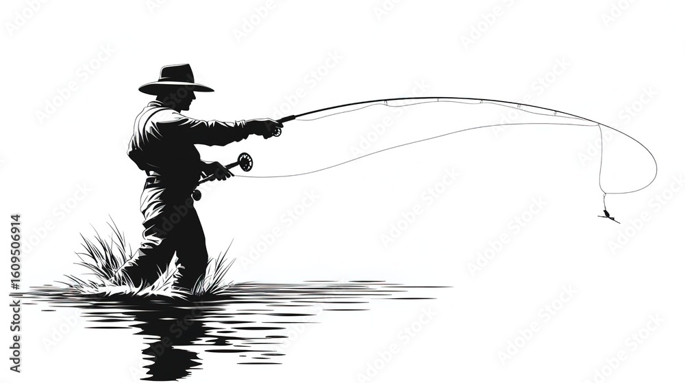 Obraz premium Silhouette of Fly Fisherman Standing in Water with Fishing Rod