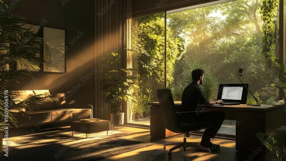 Modern Workspace: Man Working at Desk with Nature View.