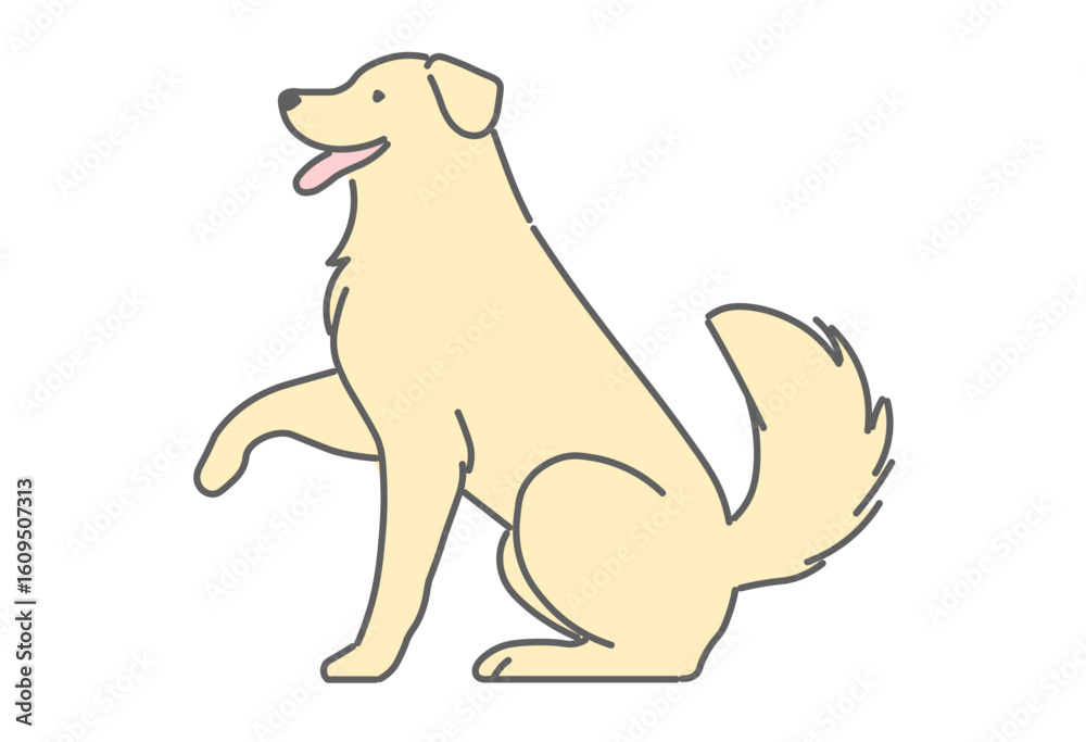 Fototapeta premium Sitting Dog Illustration An illustration of a dog sitting with one front paw slightly raised. Suitable for themes such as training, obedience, trust, and cute behavior. 
