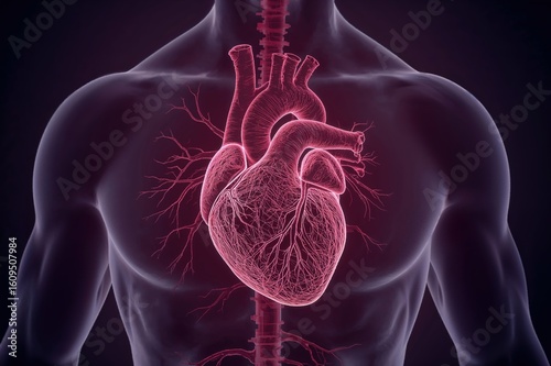Human heart anatomy illustration showing cardiovascular system with red highlighting perfect for medical education healthcare cardiology health awareness presentations
