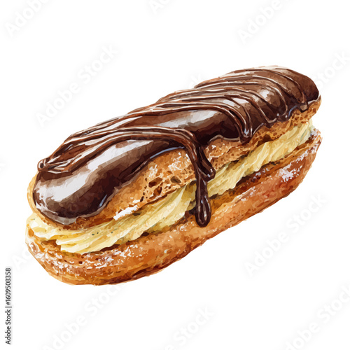 Watercolor vector illustration of Eclair, isolated on white background.