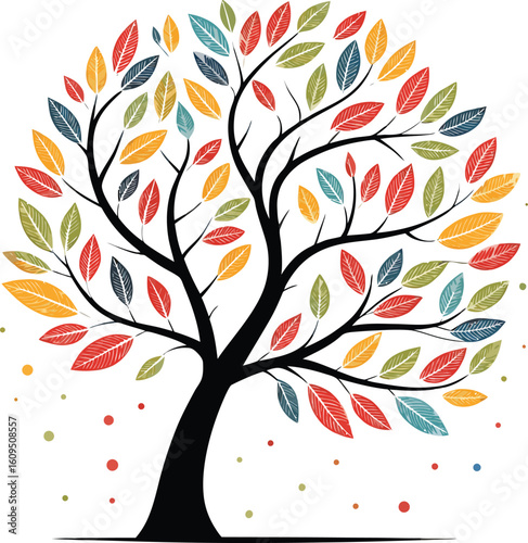Vibrant colorful tree with falling leaves illustration
