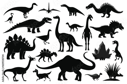 Collection of diverse dinosaur silhouettes in various poses and sizes