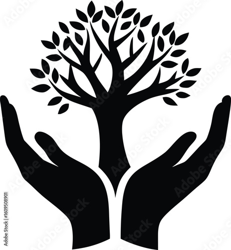 Hands gently holding a growing tree silhouette