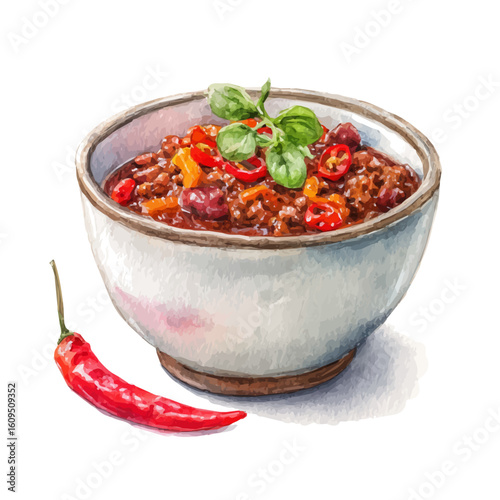 Watercolor vector illustration of Chili Con Carne, isolated on white background.