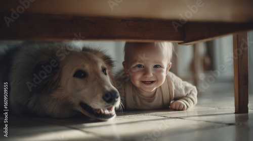 baby and dog play together under kitchen table showcasing bond built on trust and joy