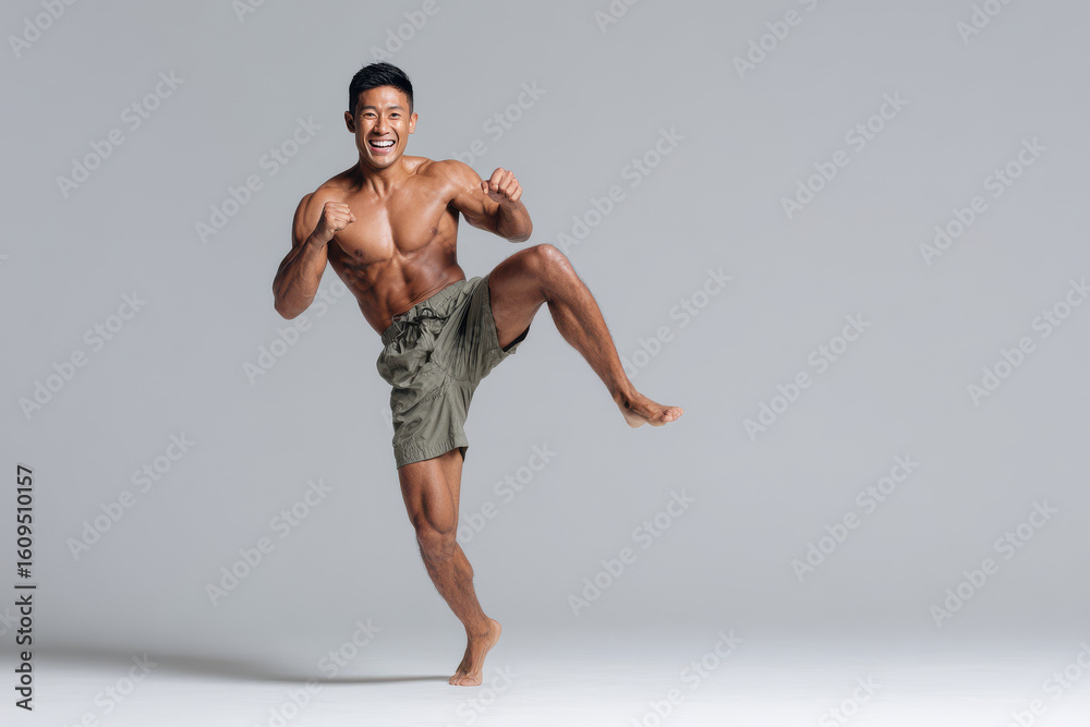 Fototapeta premium kickboxer in midaction with expressive smile displaying powerful right leg kick against clean solid background