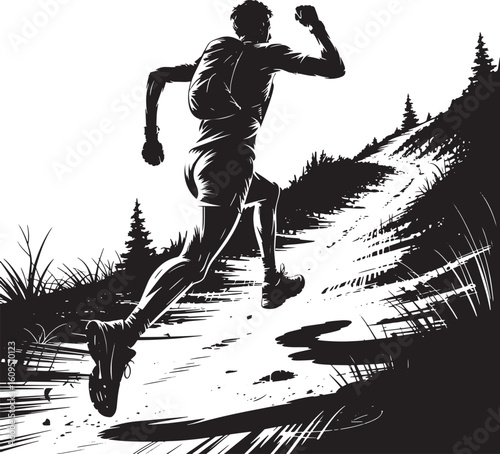 Trail Runner Silhouette Ascending Mountain Path Illustration on Transparent Backdrop
