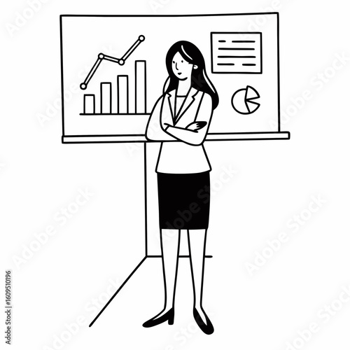 Minimalist line art of a confident woman leading a business meeting, standing near whiteboard or charts, representing female leadership, black and white only