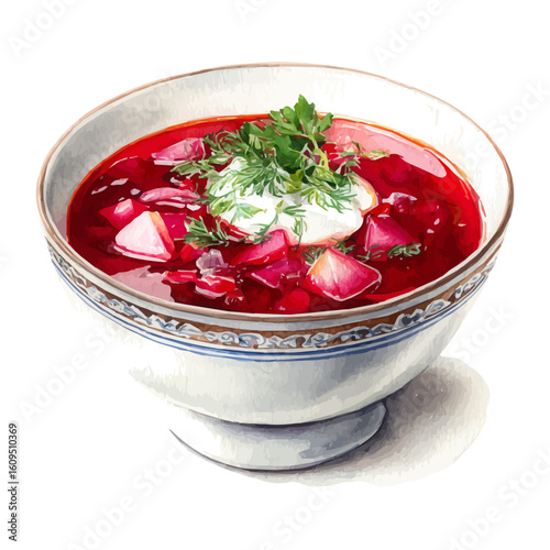Borscht in watercolor style, vector illustration, isolated on white background.