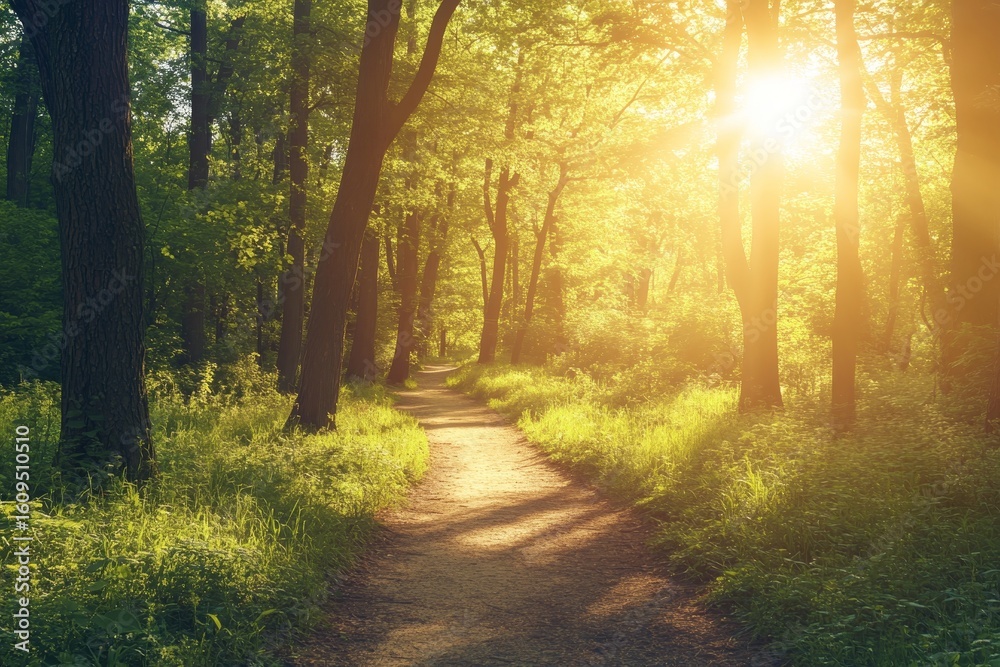 Obraz premium A pathway in the park surrounded by a pine and fir forest in summer