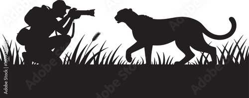Silhouette Wildlife Photographer and Panther Animal Photography Vector Illustration