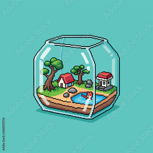 A cute pixel art terrarium featuring a tiny village and a fox in a pond.