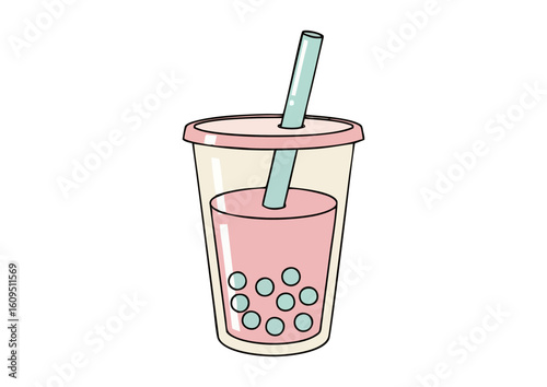 Colorful bubble tea with pearls and straw in transparent cup on light background and copy space
