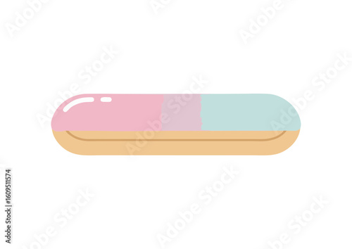 Colorful éclair-shaped dessert with text on light background and copy space