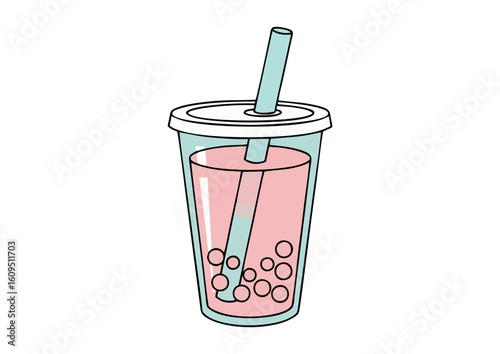 Colorful bubble tea with pearls and straw in transparent cup on light background and copy space
