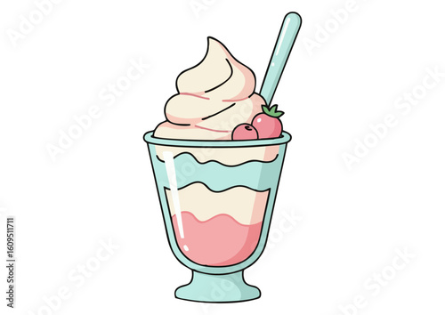 Colorful ice cream sundae with pink topping and cherry in glass on light background and copy space
