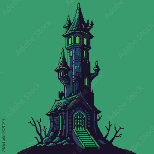 Spooky pixel art haunted castle tower with glowing green windows.