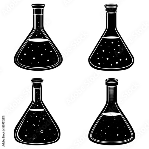 Black and white illustration of four erlenmeyer flasks filled with a dark liquid and small bubbles inside