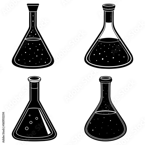 Four conical flasks filled with dark liquid containing particles in a black and white illustration