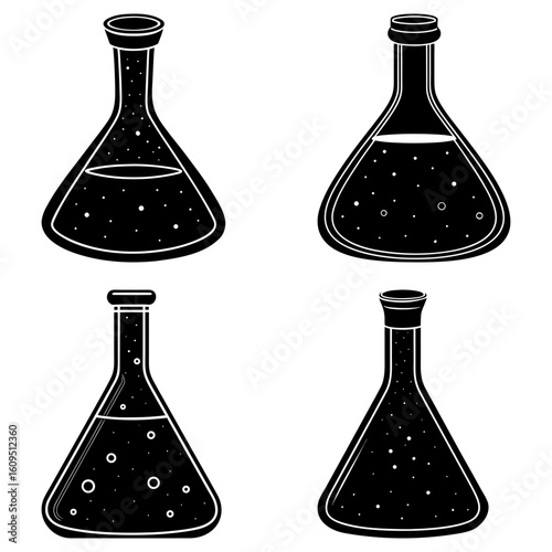 Four conical flasks filled with liquid and bubbles in a black and white science illustration style image