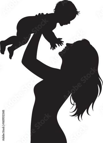 Silhouette of a Mother Holding Her Child Up in the Air Vector Illustration on Clear BG