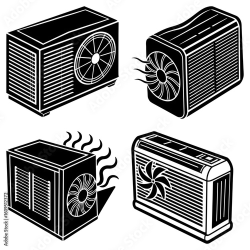 Four isometric black and white air conditioning units with fans and ventilation illustrations shown here