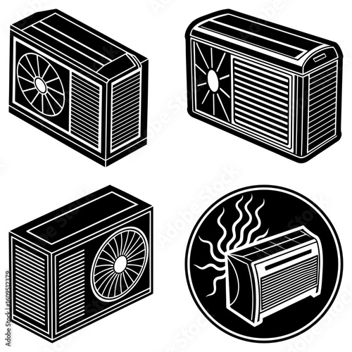 Illustration of four air conditioning units in black and white with different design styles shown here