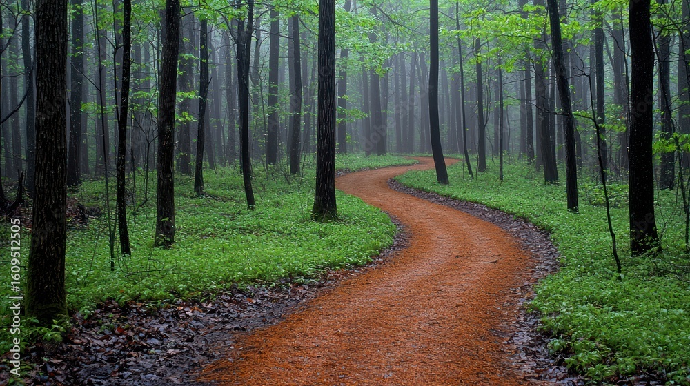 Fototapeta premium Forest path winds in lush trees scene