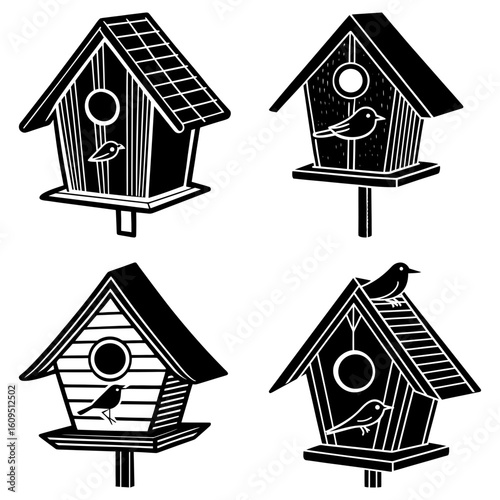 Four birdhouses in black and white with different designs and birds perched or flying around them nicely
