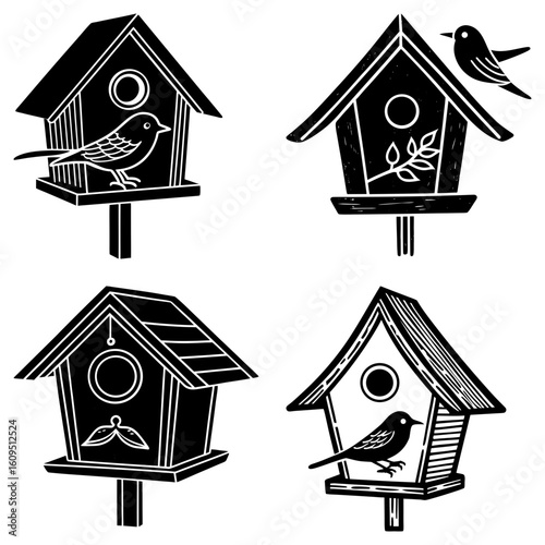 Illustration showcasing four unique birdhouses with birds in a black and white woodcut style design aesthetic