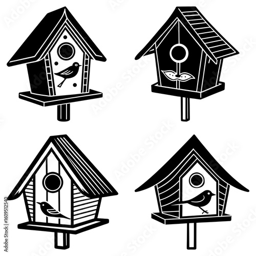 Four birdhouses in black and white with different designs and bird details in a vector illustration