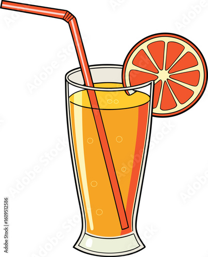 Refreshing orange juice in a tall glass with a straw and orange slice