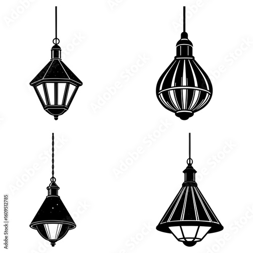 Four hanging vintage lamps with varying designs and shapes in black and white illustration style art