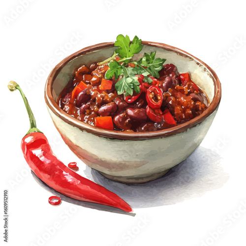 Chili Con Carne, watercolor painting, vector illustration, isolated on a white background.
