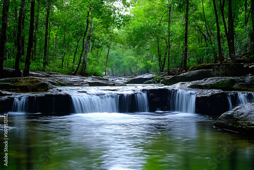Waterfall cascades in a lush green grove.