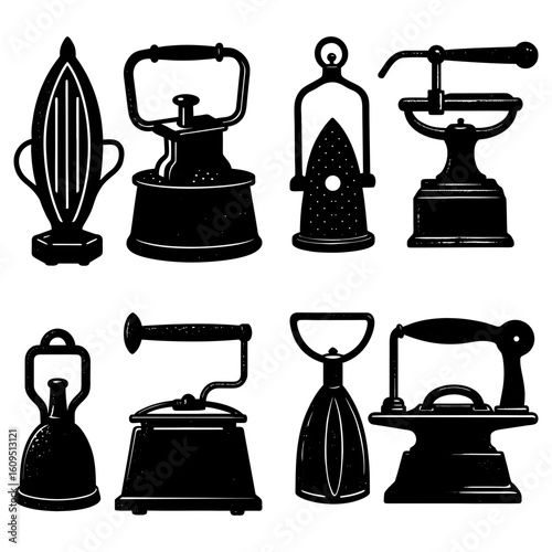 A collection of antique irons showcasing various designs and mechanisms in a monochrome illustration style