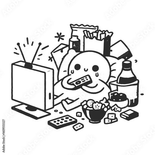 Black and white cozy chaos moment with television, remote, and carefree character, vector