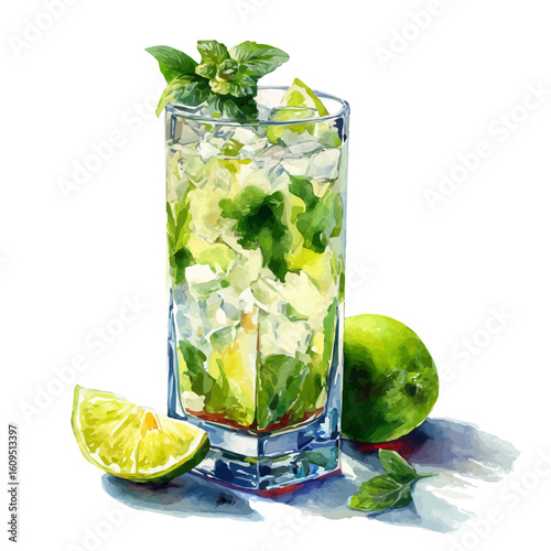 Watercolor vector illustration of Mojito, isolated on white background.