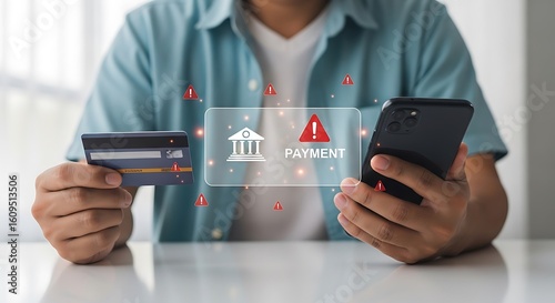 Worried man checks credit card balance on phone amid payment warnings, financial risks and scam alerts