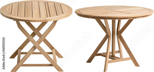 wooden table product, with close-up view and detailed texture, teak wood outdoor tables isolated on transparent background, , and a small round side table. Perfect for garden, patio or terrace. 	
